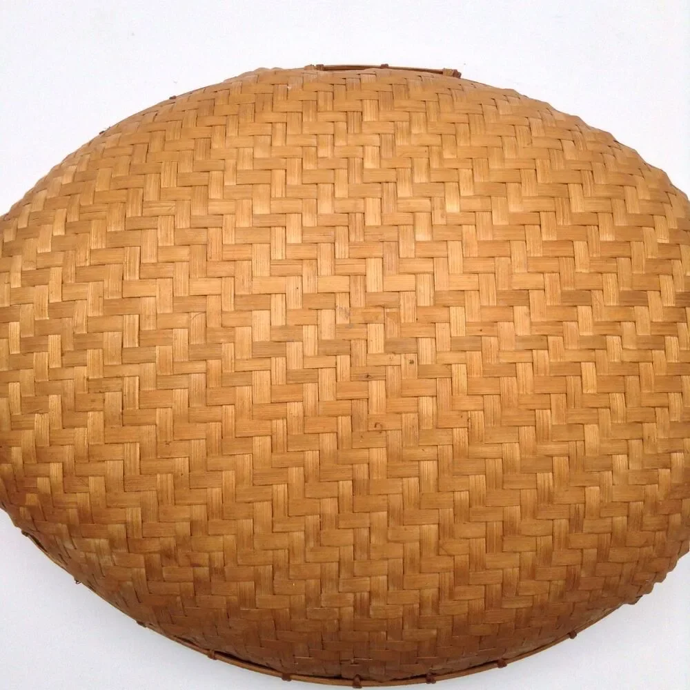 Vtg Bamboo Woven Basket Oval Handmade Storage Gathering Bowl Boho Home Decor 15